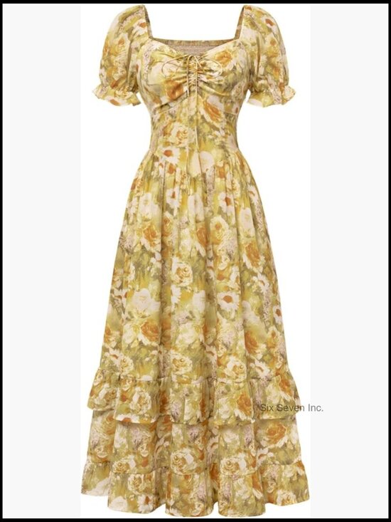 Dresses & Skirts - Floral Cottagecore Puff Sleeve Maxi Dress with Corset Waist and Pockets